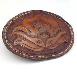 Vintage Handcrafted Leather Belt Buckle With Floral Design & Stitched Edges 4"
